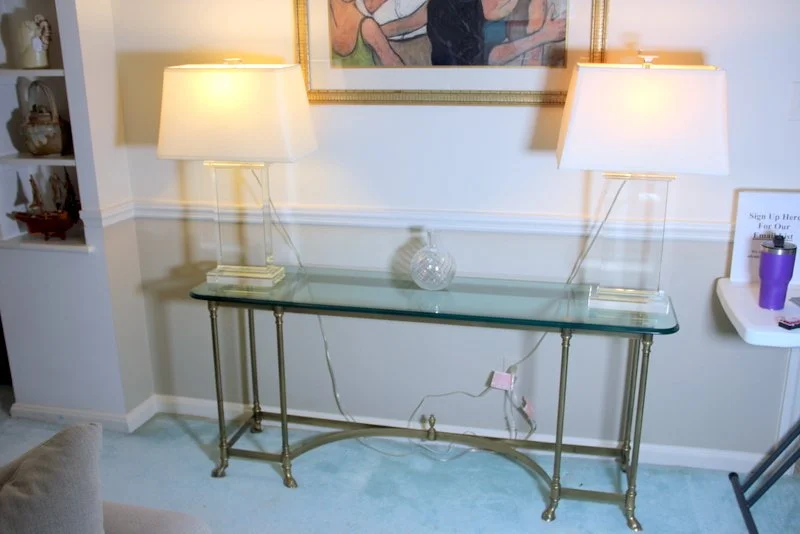 MCM Brass & Glass Sofa Table, Pair of Restoration Hardware Crystal Lamps, Baccarat Vase
