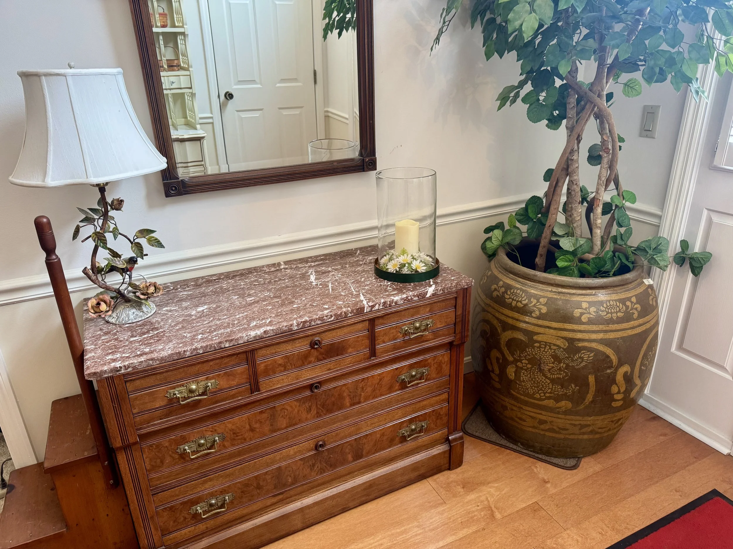 marble top dresser and vintage Chinese dragon jars/pots with realistic artificial tree