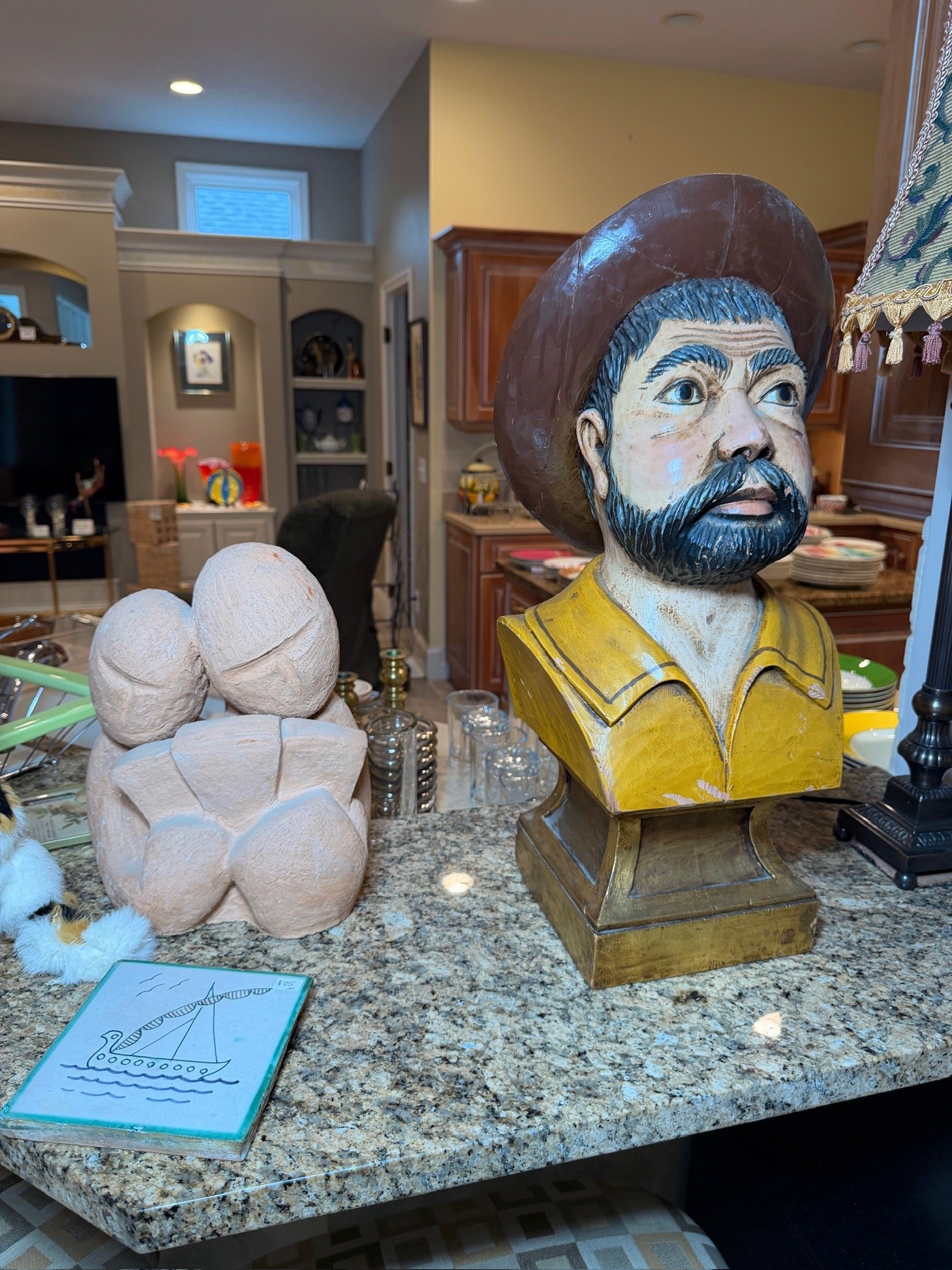 Large carved wooden bust of Sancho Panza (from Don Quixote)