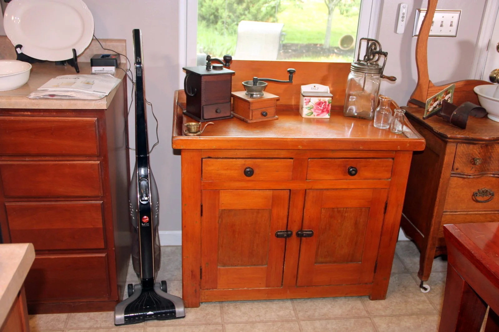 Antique Washstand, Butter Churn, Coffee Grinders