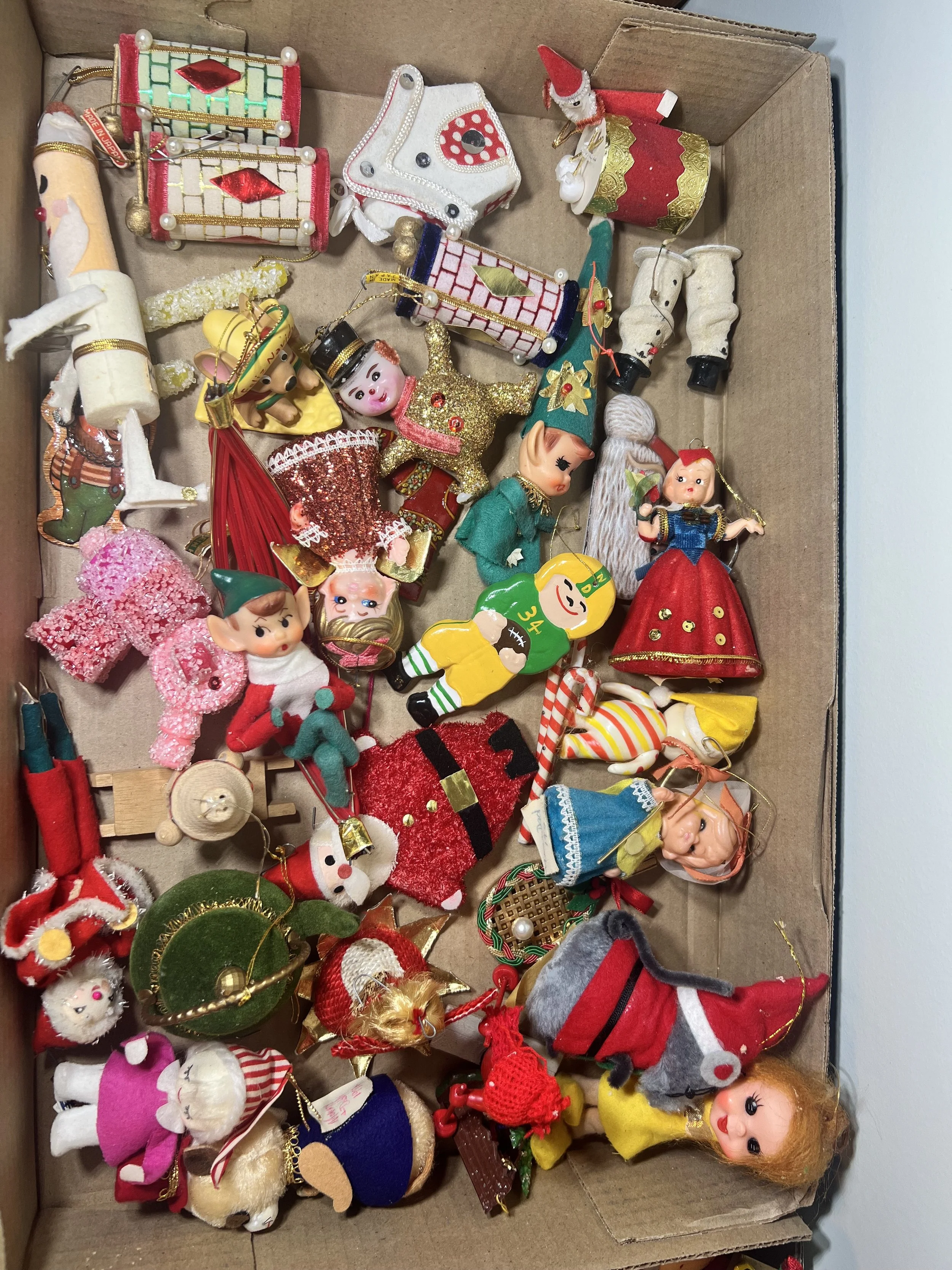Vintage Christmas: Massive collection of 1950s/60s felt knee-hugger elves, angels, and ornaments