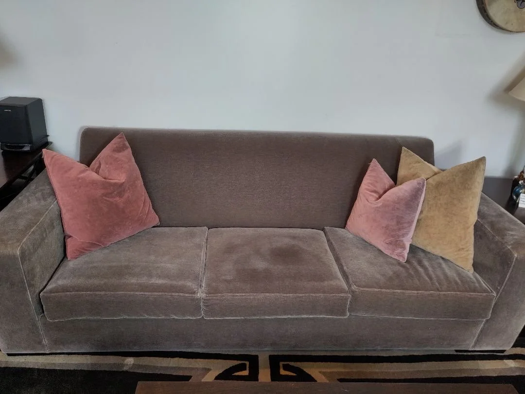 Modernica three-cushion contemporary tuxedo sofa tailored in a luxurious taupe mohair velvet