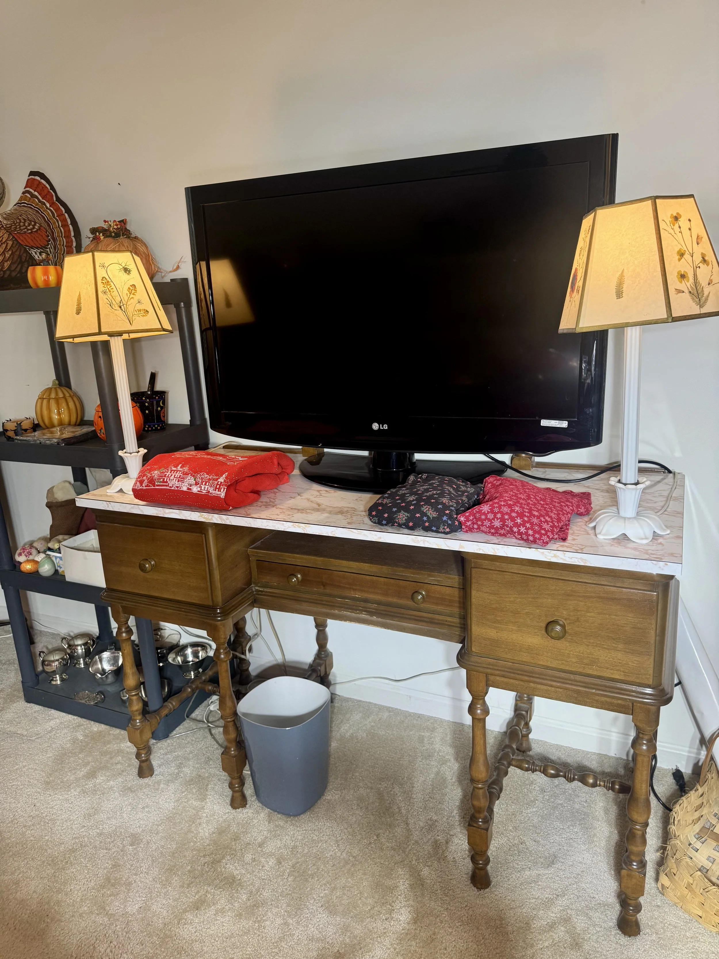 Vintage marble top desk, desk lamps, TV