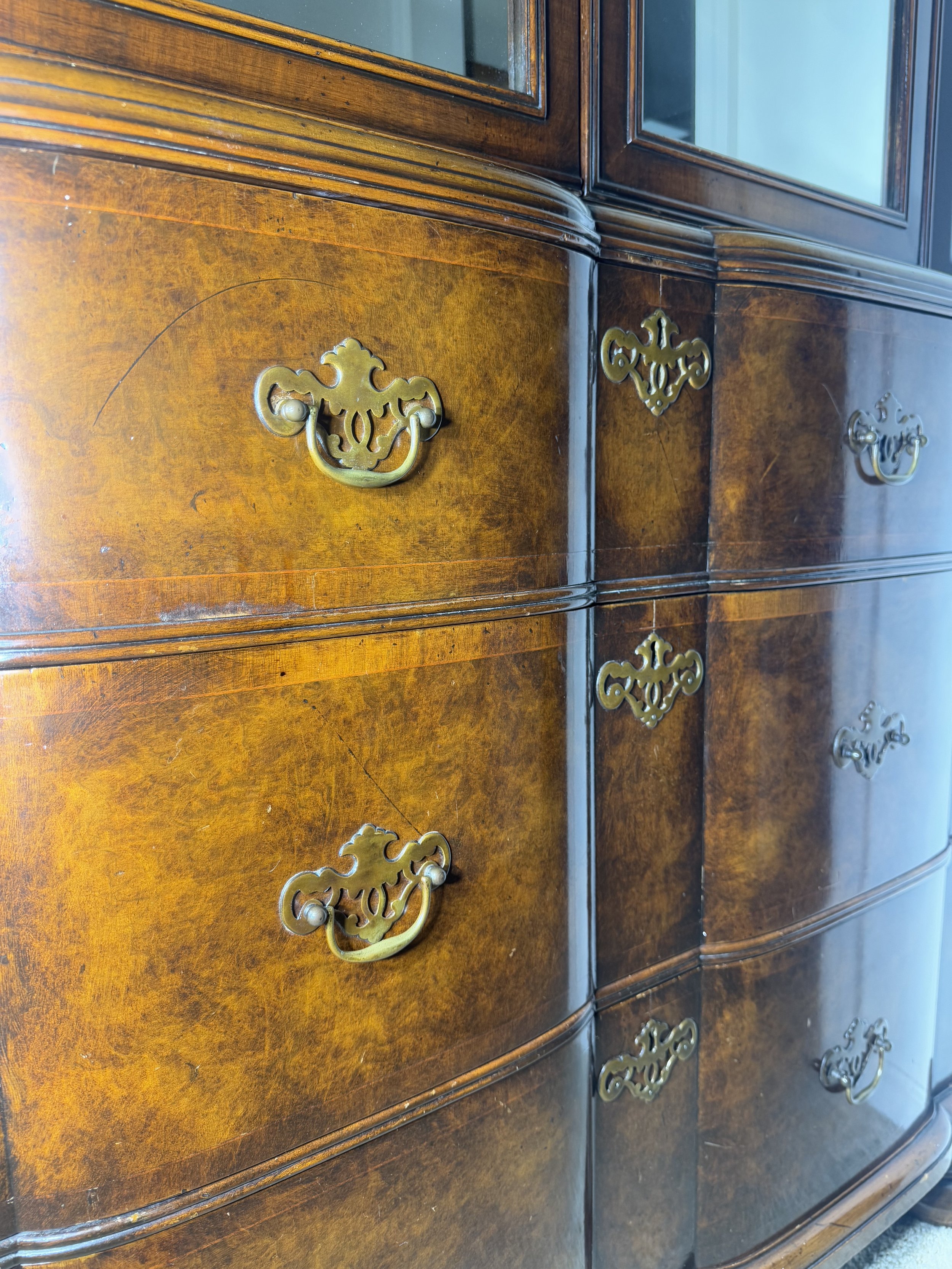 drawer pulls for vintage Chippendale style mahogany highboy chest of drawers with mirrored cabinets