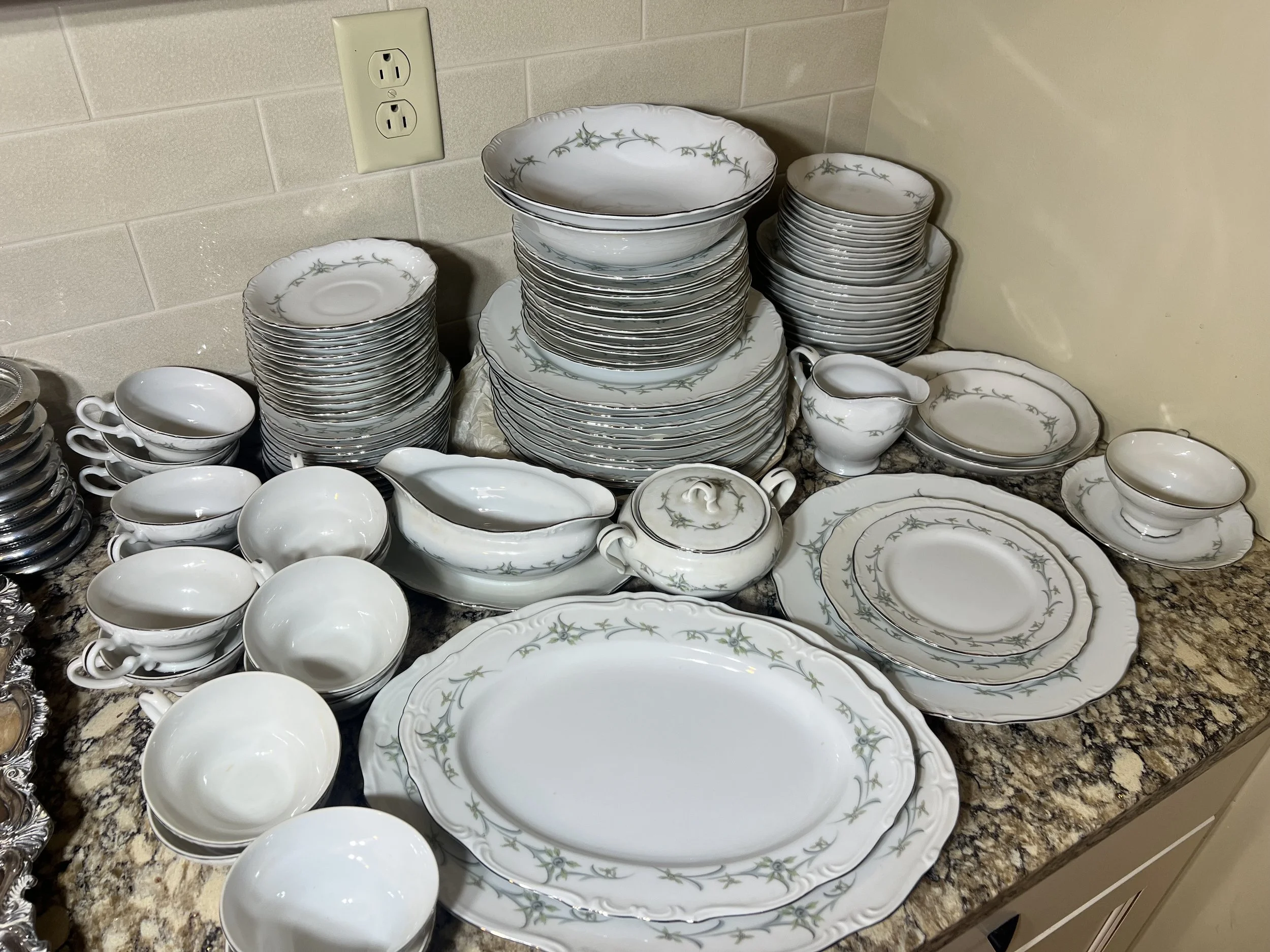 "M" Brand (Japan) china set featuring a delicate silver-rimmed botanical vine pattern. Includes serving platters, gravy boat, tureen, and a full tea/coffee service