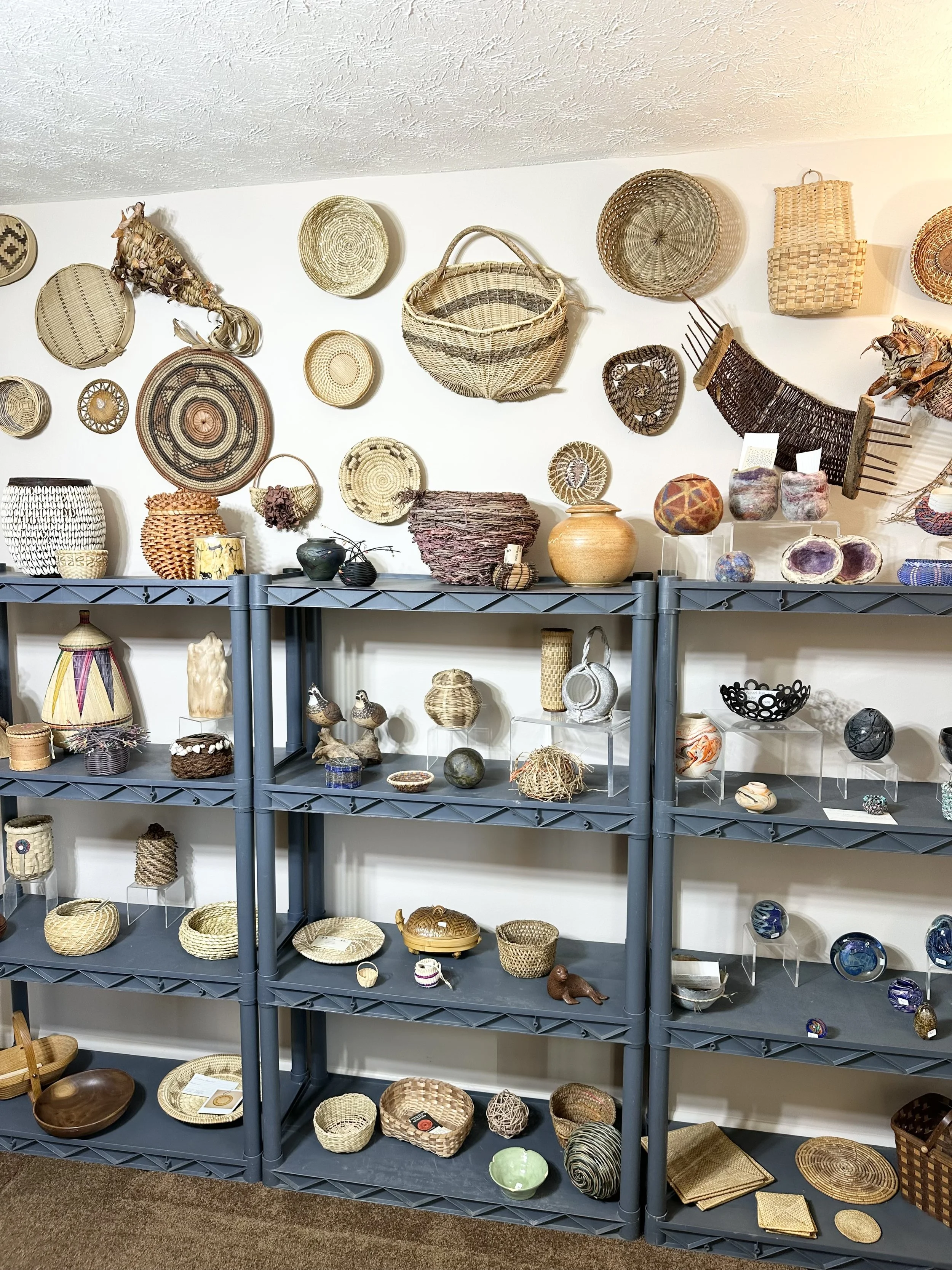 various decorative baskets and art