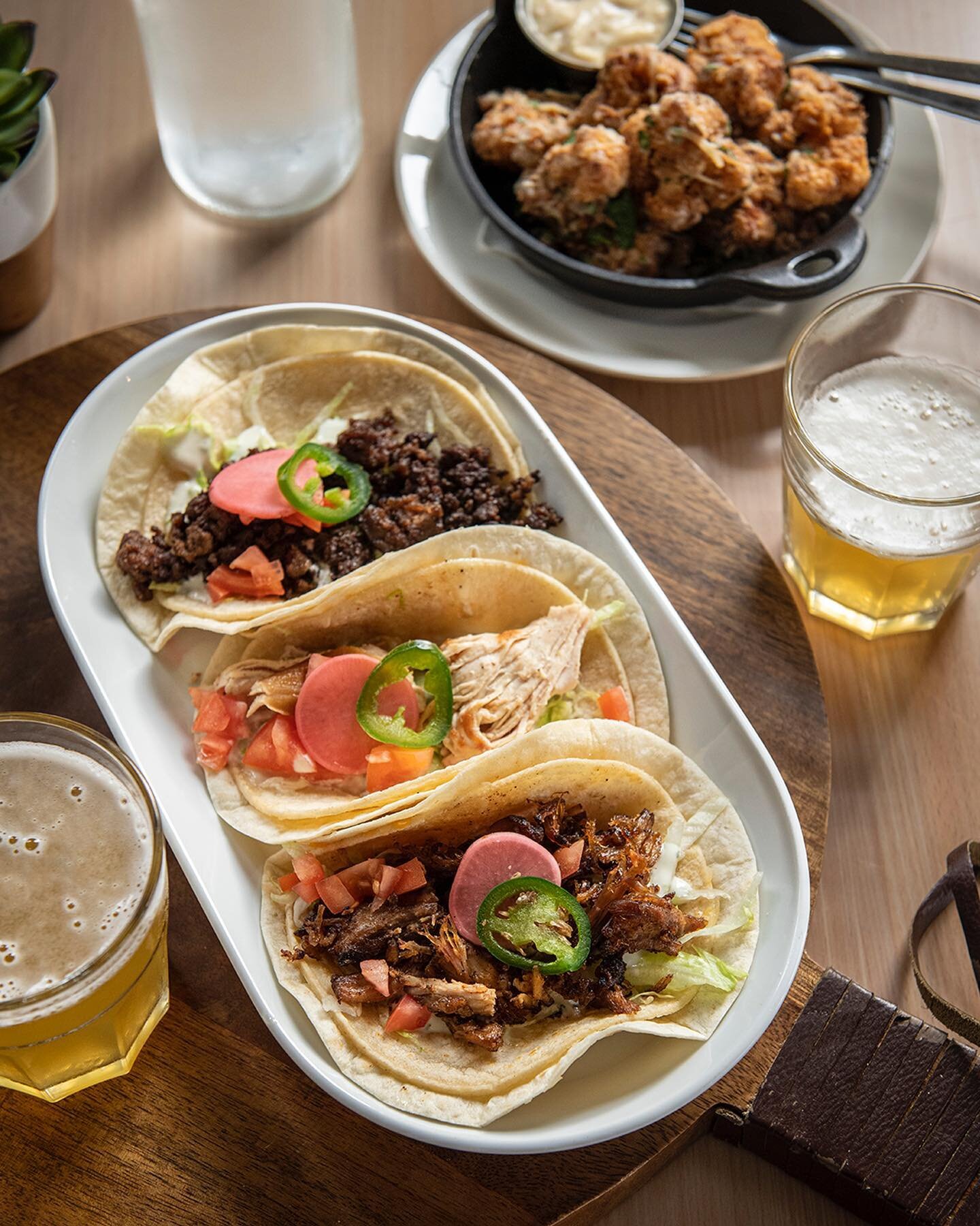 Taco Tuesday Trio from @roosterst in Lititz &mdash; featuring ground beef, shredded chicken and pork carnitas. Oh, and did you know they now serve @springhousebeer. And the fried cauliflower is amazing.