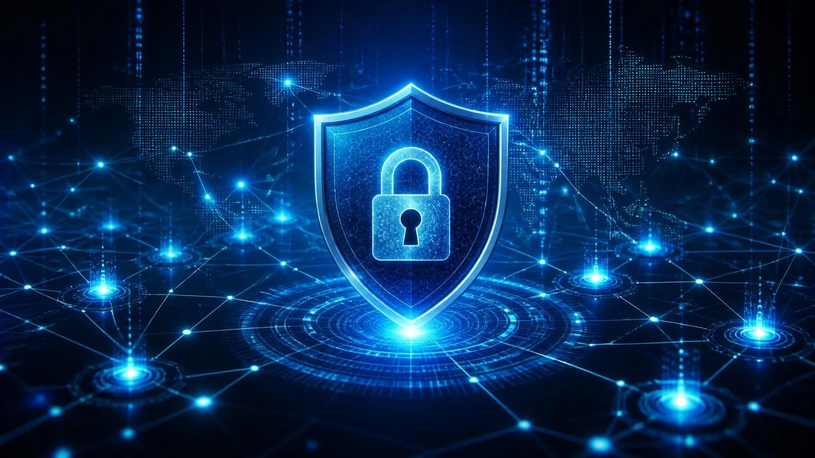 Glowing blue shield with a padlock at the centre of an interconnected digital network, with data nodes, circular security patterns, and a world map in the background. Generated using AI.