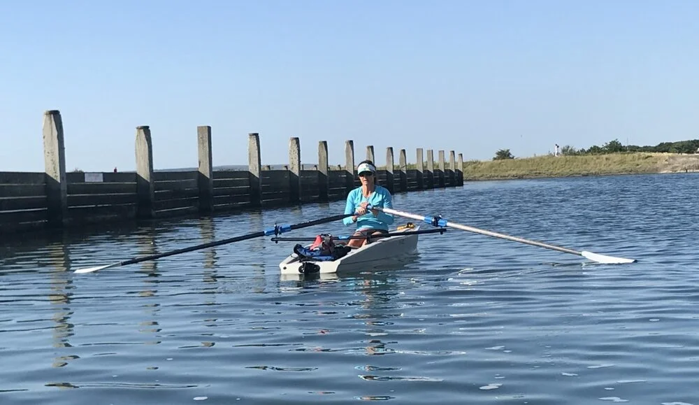 Jo, from a family of very keen water sports enthusiasts, was her College Boat House Captain at Cambridge Uni. This week she enjoyed a return to rowing after 30 years on an Explore- Adventure trial. We rowed out along the sea wall towards Salterns Sa…