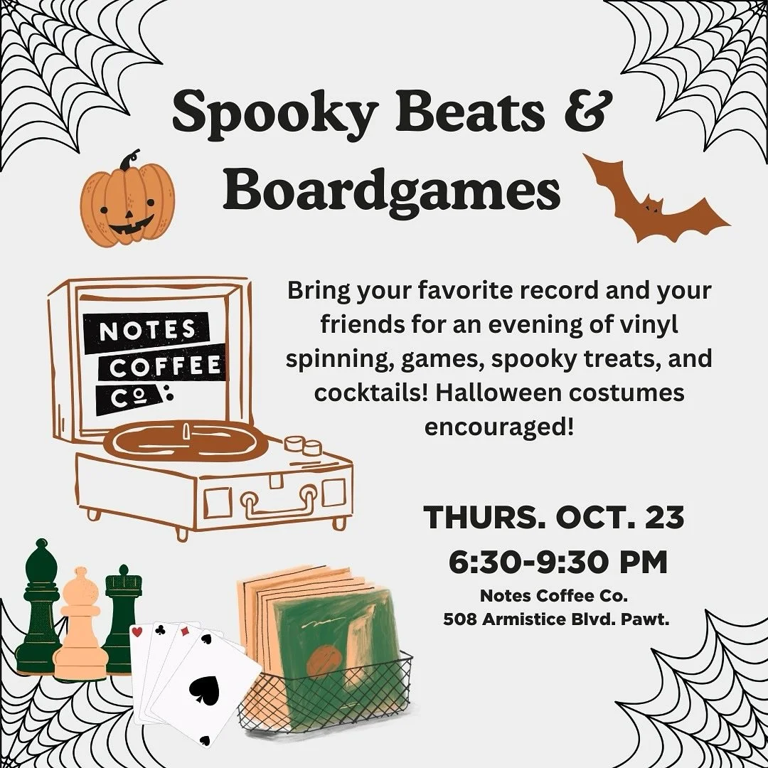 Spooky Beats &amp; Boardgames is back, and you don&rsquo;t want to miss it! 👻 
Join us on Thursday, October 23rd, for games, coffee, cocktails, and live vinyl spinning! Bring your friends &amp; competitive spirits and enjoy Notes at night!