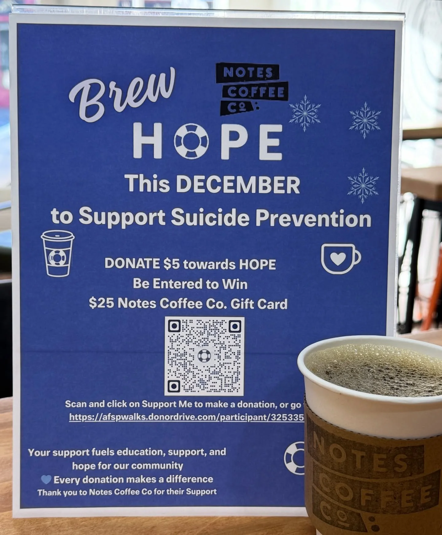 Brew HOPE this December 💙
We are proud to partner with @afsp.ri to collect donations to support suicide prevention. 
Now until the end of December, donate $5 and be entered to win a $25 Notes Gift Card. 

Your donation fuels education, support, and 