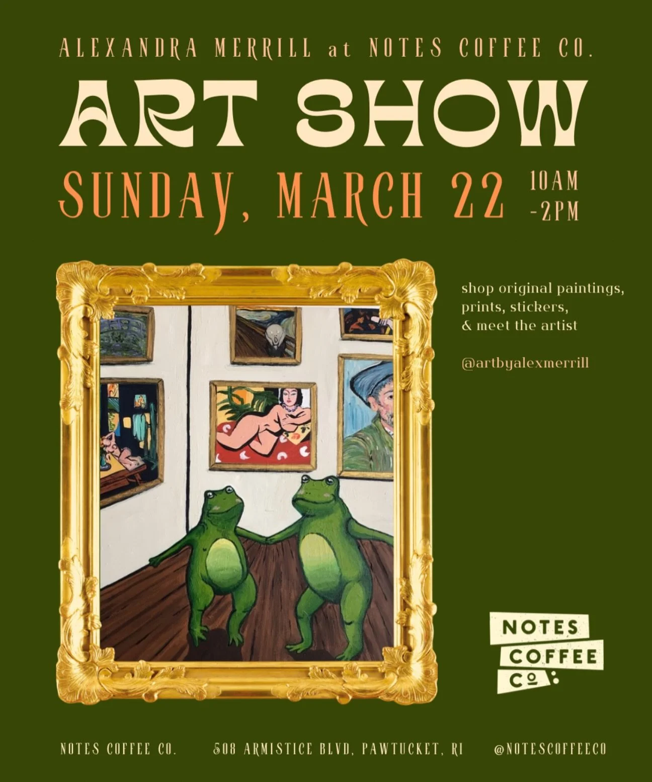 ART SHOW AT NOTES! 🎨☕️
Join us on Sunday, March 22nd for a pop-up art show with our featured artist, Alex Merrill! Come explore her paintings &amp; shop her prints, stickers, and more. We look forward to seeing you there!