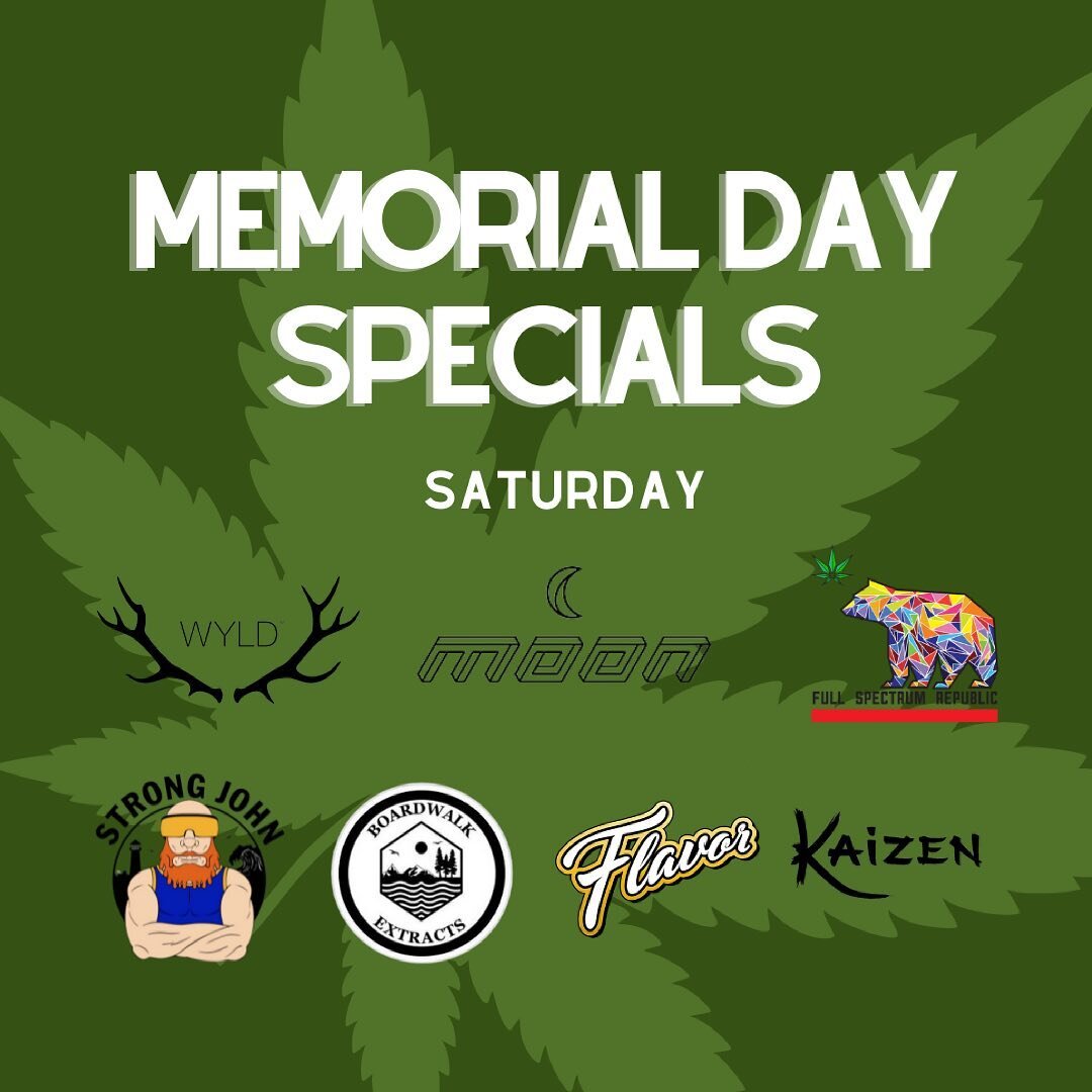 We&rsquo;re doing it BIG this Memorial Day weekend with 15 different brand specials across 3 days 😍 Save big on all your favorites or get a sweet deal on something new starting tomorrow until Memorial Day! Call in or DM for questions! 
.
.
.

#canna