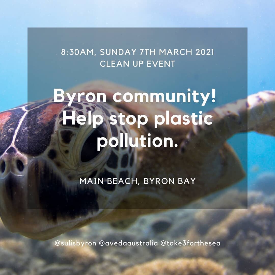 Get involved!&nbsp; Click the link in our bio and join us make a difference to STOP PLASTIC POLLUTION 🌏 Take part with the @sulisbyron team, @avedaaustralia and @take3forthesea on Sunday, 7th March at 8:30am in an effort to clean up Main Beach, Byro