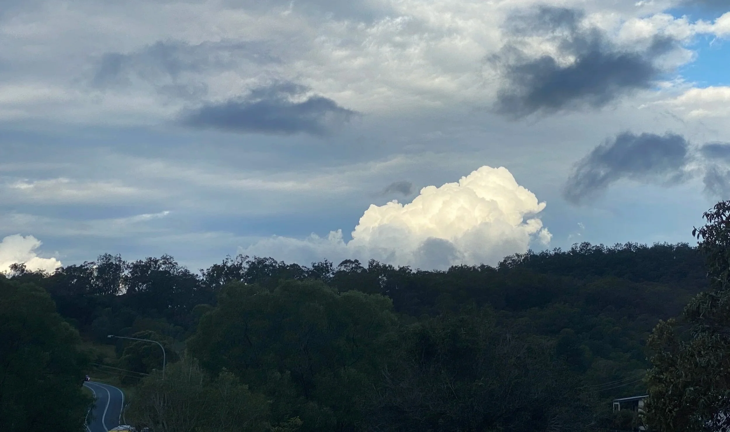 A landscape view of a cloudy sky with a large white cloud and several darker clouds above a forested hillside and a winding road.