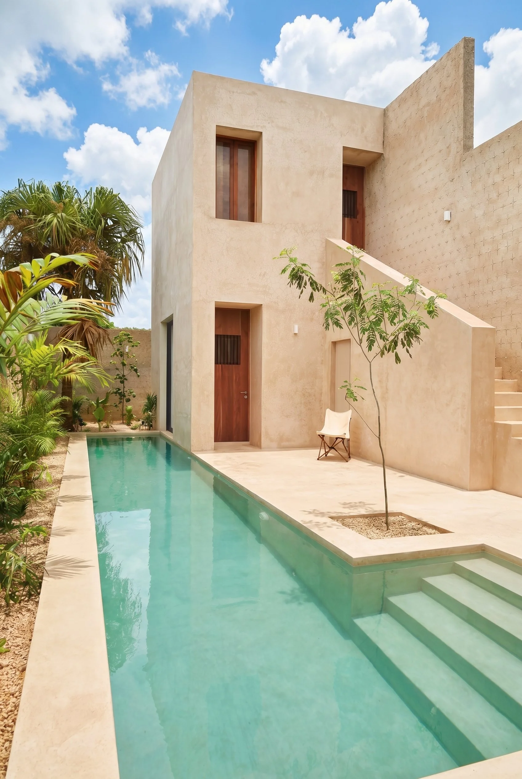 Casa Goliana lap pool with view of the new two-story building designed by Laseu Studio