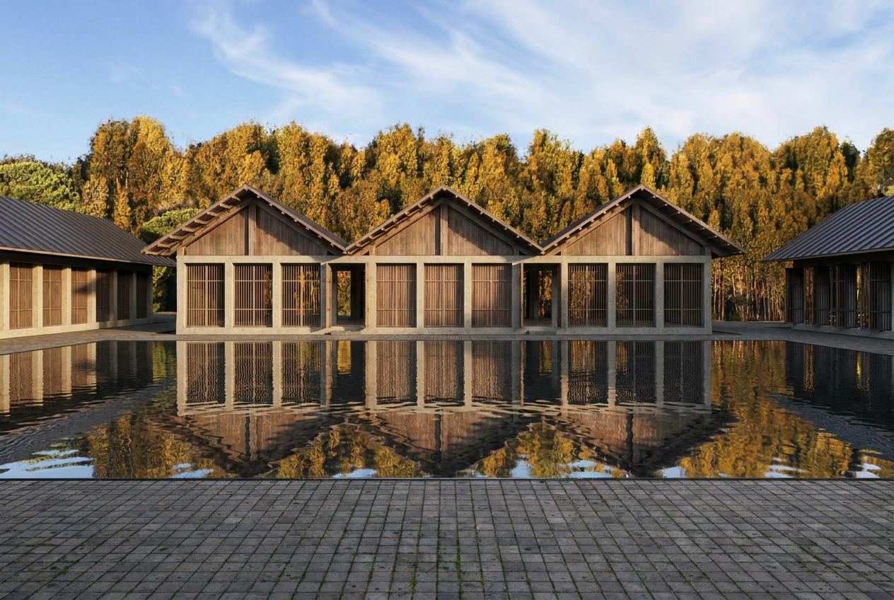 Water feature and facade of yoga retreat building at Magueyes Meditation Retreat by Laseu Studio