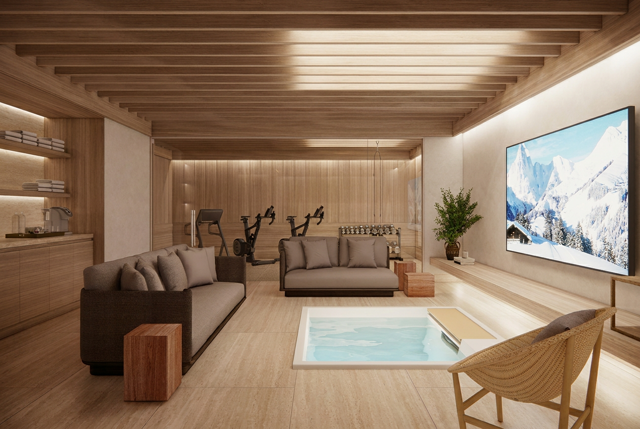 Saanen Spa sunken whirlpool with illuminated stretch ceiling, wet bar, and gym in the background, designed by Laseu Studio