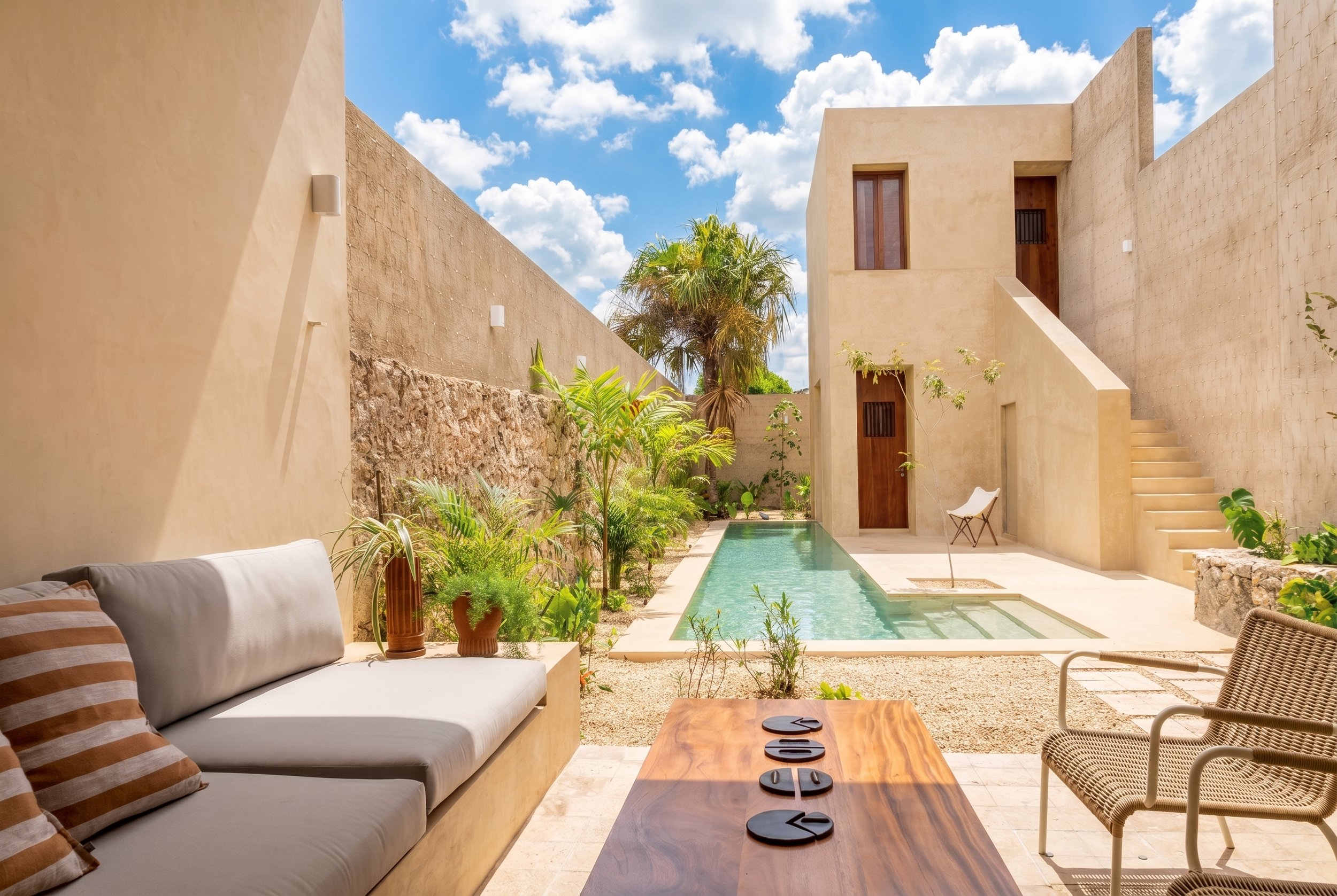 Outdoor living area at Casa Goliana opening to lap pool and garden, designed by Laseu Studio