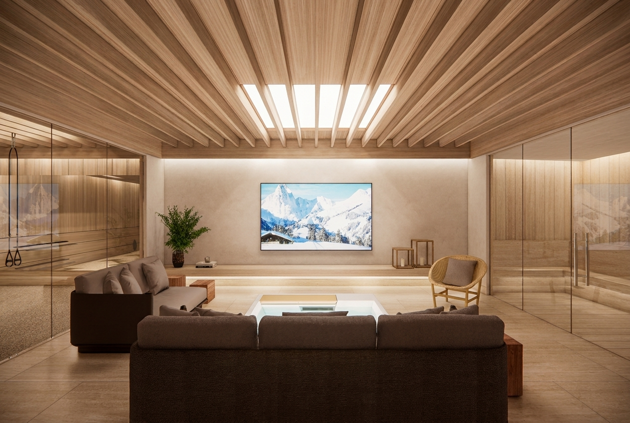 Saanen Spa wellness area with sunken whirlpool, illuminated stretch ceiling, wet bar, steam room, and gym at the back, designed by Laseu Studio
