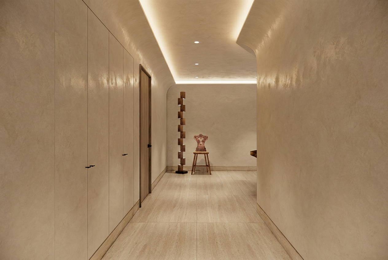 Saanen Spa entry corridor with travertine flooring, limewash walls, and restored 1950s Swiss chairs, designed by Laseu Studio