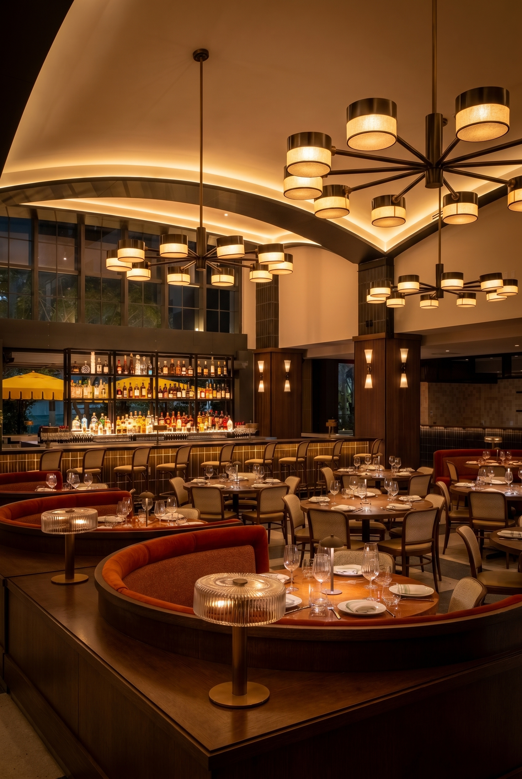 Casa Gianna restaurant dining room in Downtown Miami with brick-colored banquettes, cream bentwood chairs, radiating drum chandeliers, perforated brass table lamps, and warm bar lighting.
