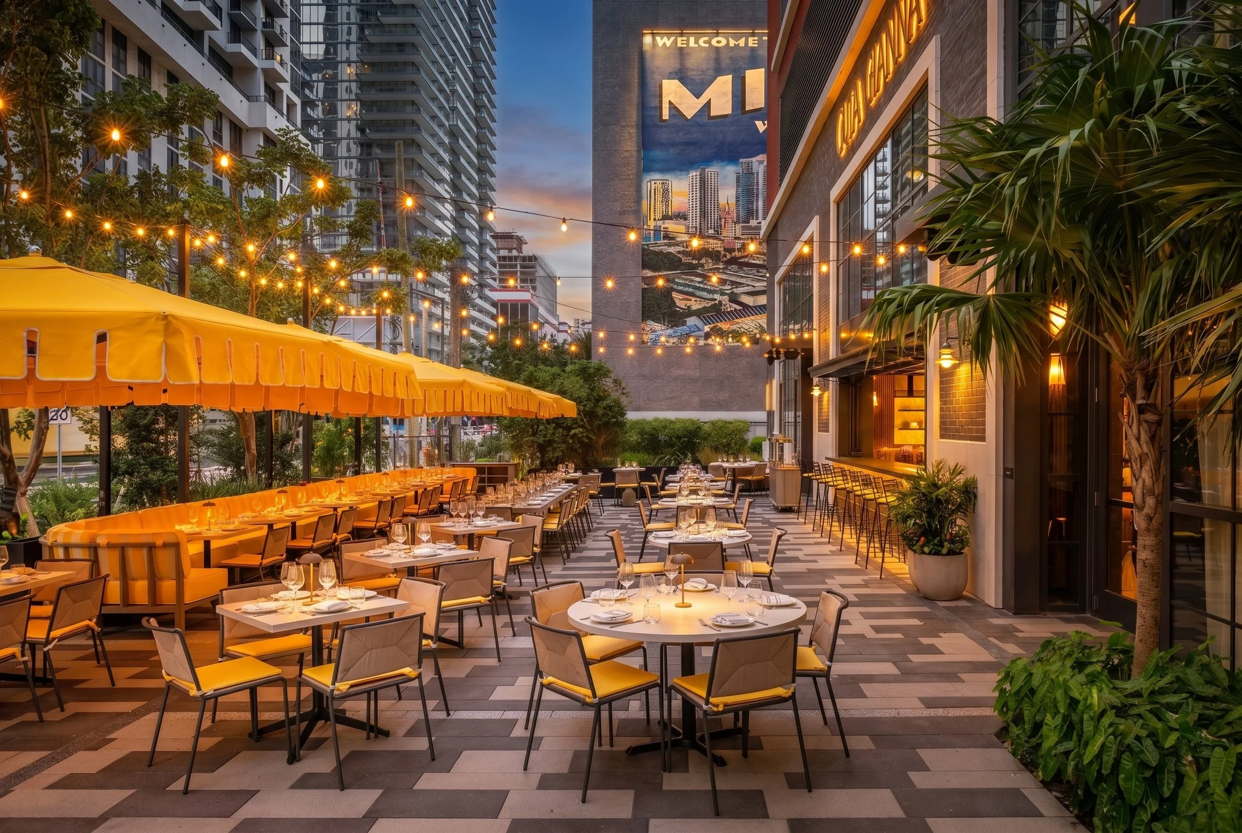 Casa Gianna outdoor dining terrace in Downtown Miami with custom furniture by Laseu Studio, inspired by Italian summer cafés.