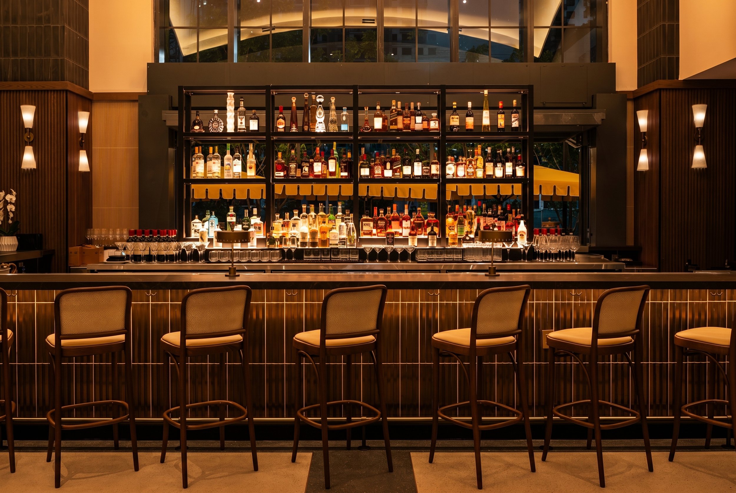 Casa Gianna restaurant bar with cream upholstered bentwood stools, dark wood bar front, backlit liquor display, and warm tapered wall sconces.