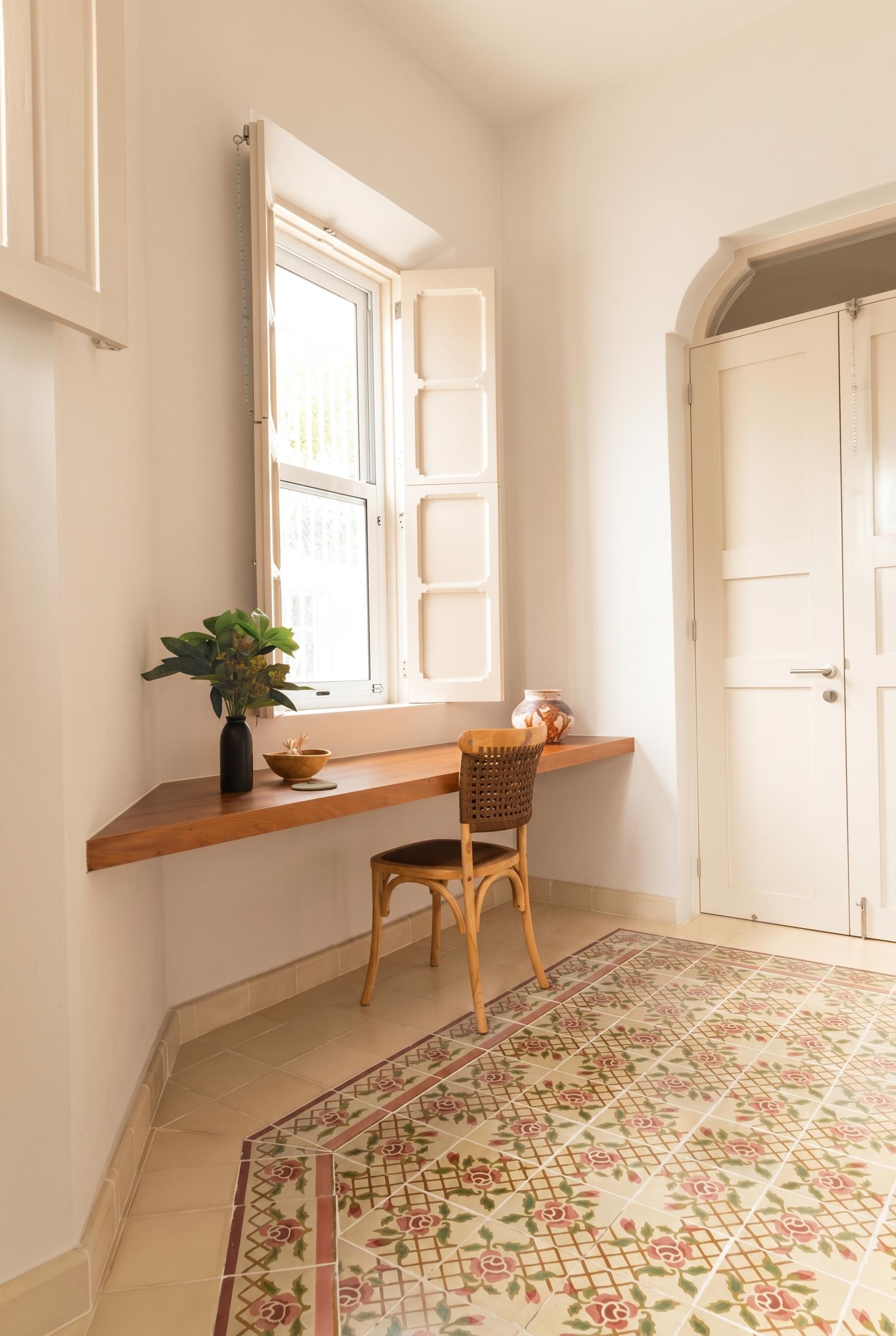 casa-goliana-merida-primary-bedroom-restored-tiles-custom-desk-laseu-studio