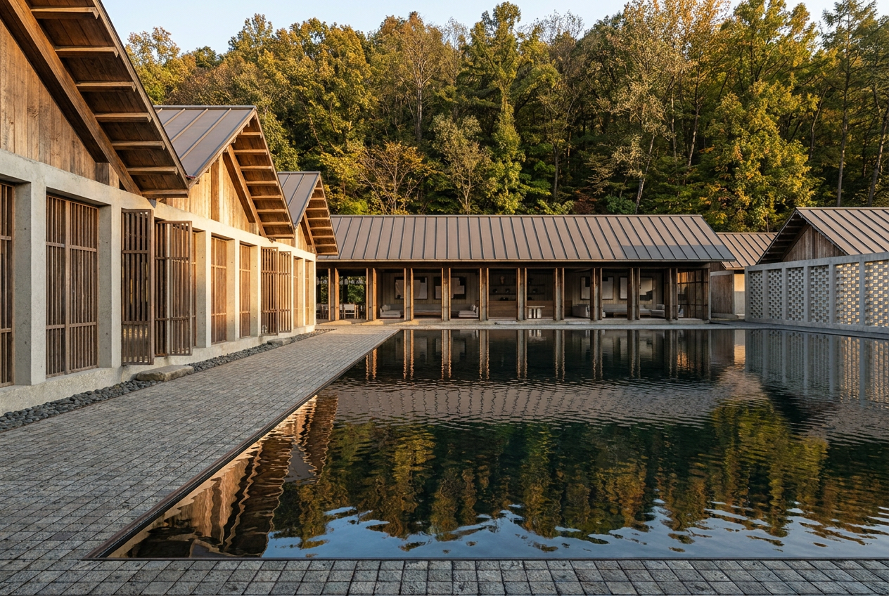 Water feature and lounge area at Magueyes Meditation Retreat, designed by Laseu Studio