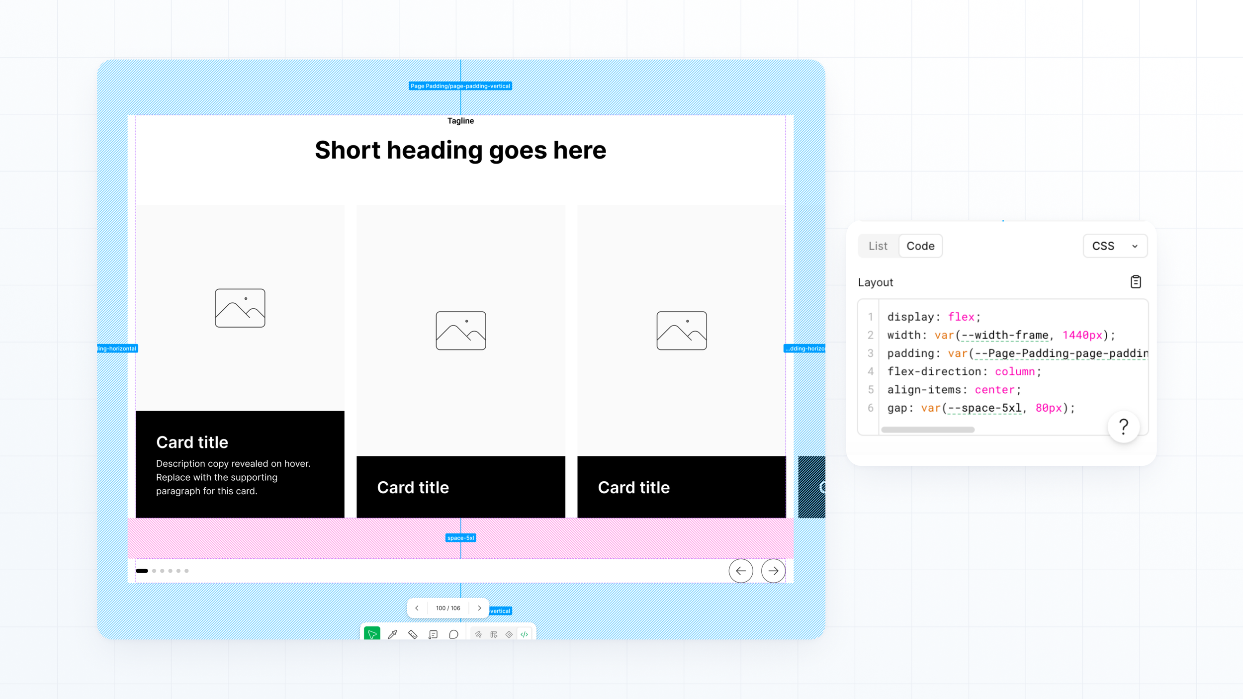 Dev mode view of a stats component: variant list on the left, the component with spacing token overlays in the center, and box model measurements with CSS variables on the right