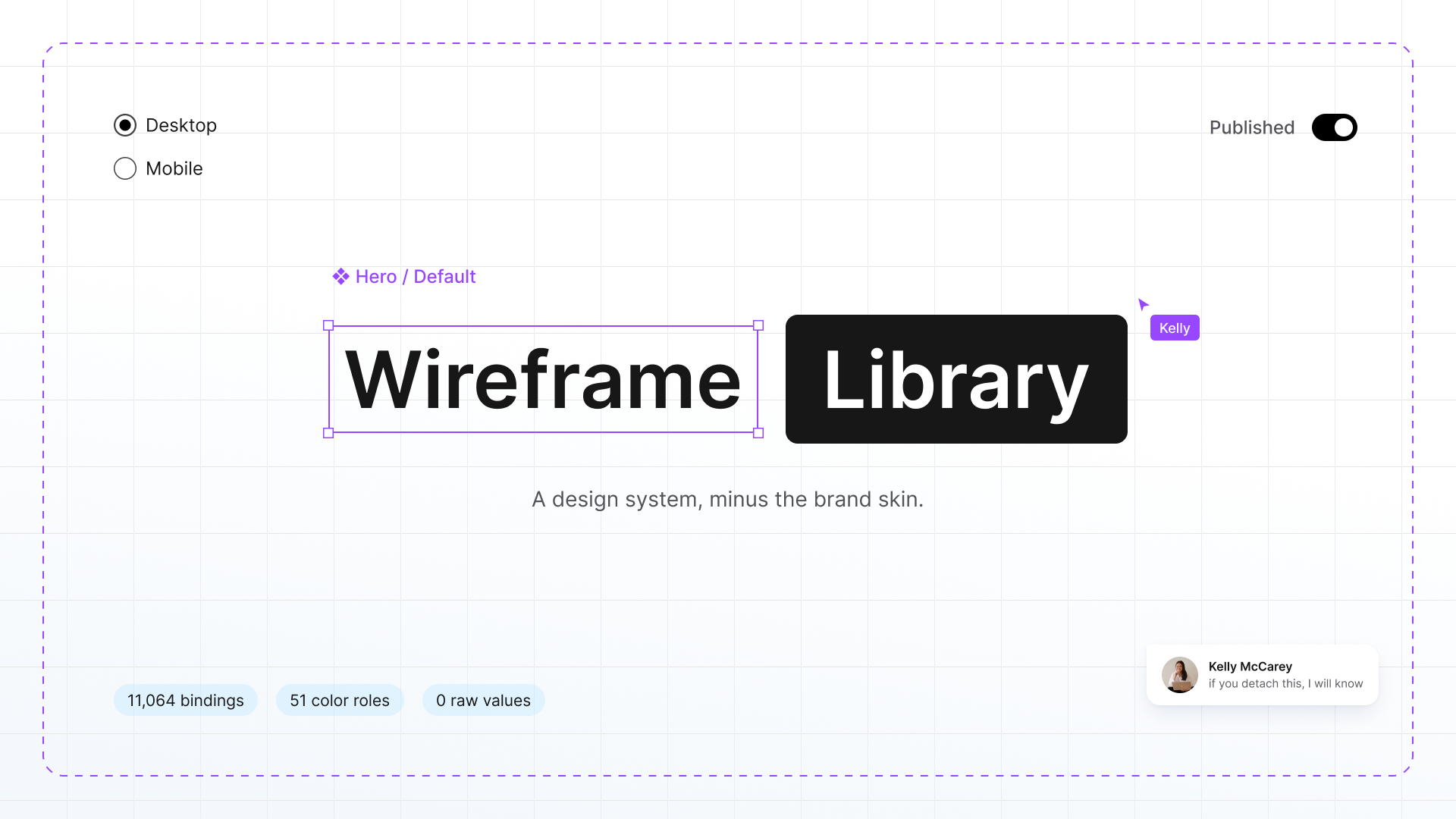 Wireframe Library title styled as Figma components, with a selection box, component label, and cursor on a light grid background