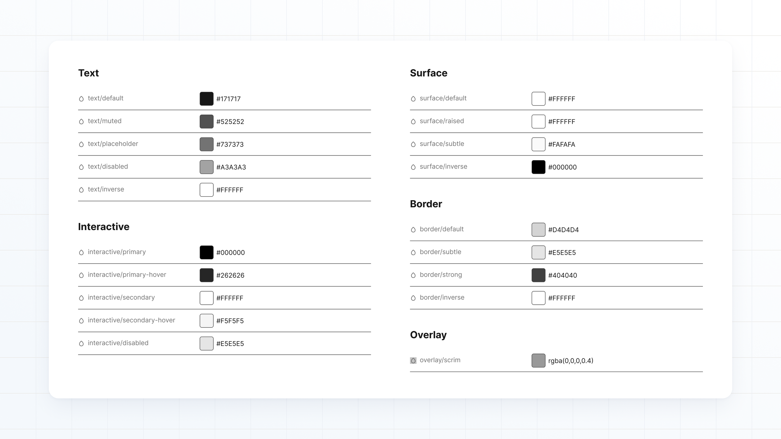 Semantic color token documentation showing text, surface, border, interactive, and overlay variables with hex values.