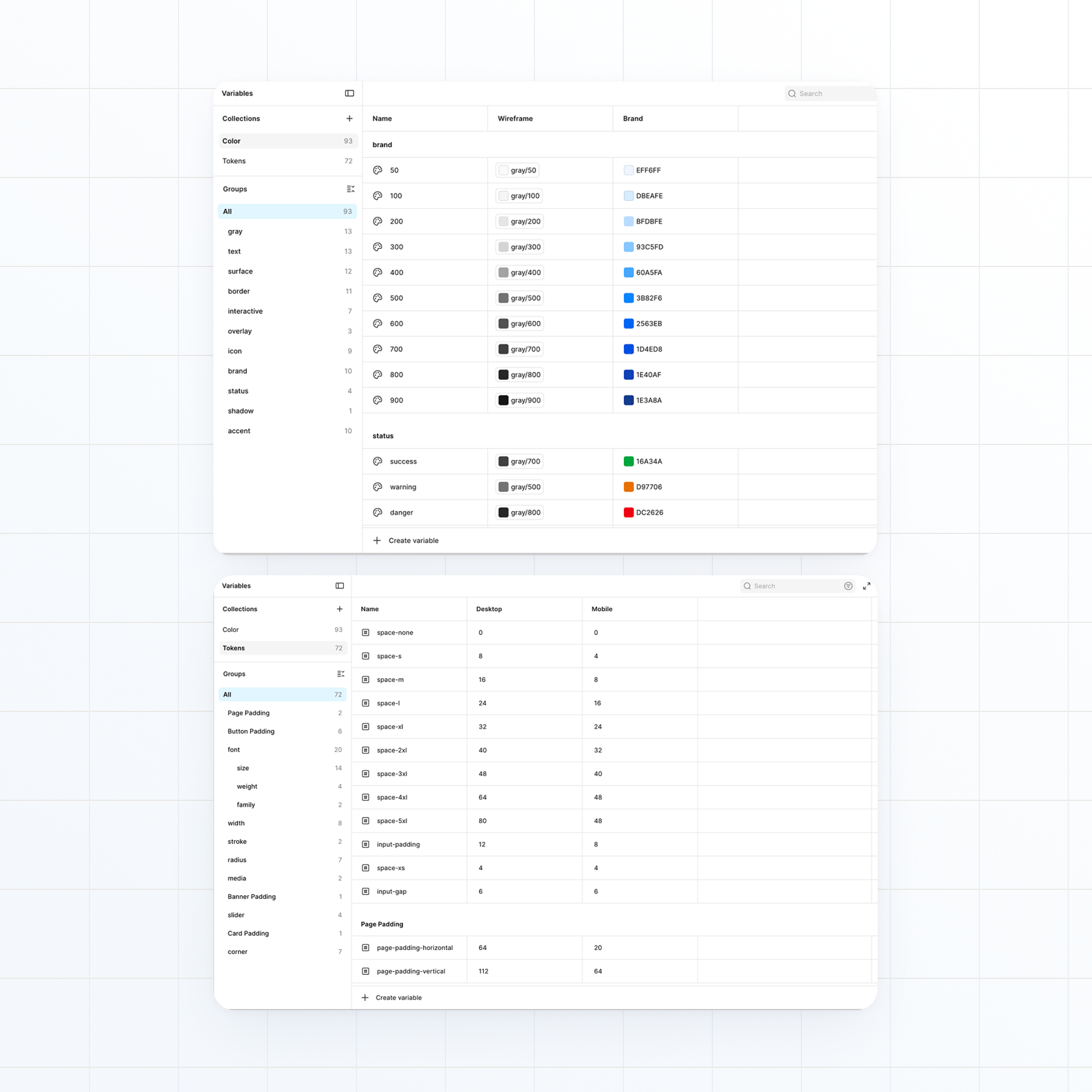 Figma variables panel showing color roles with paired Wireframe and Brand mode values, overlapped by the spacing token table with desktop and mobile values