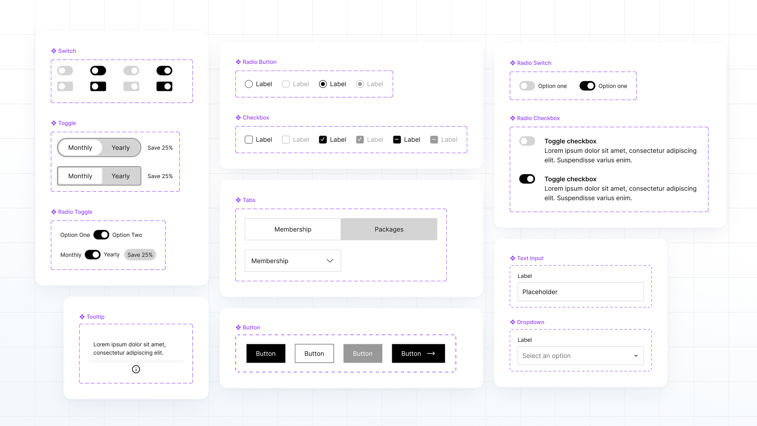 Grid of UI components from the library: switches, toggles, radio buttons, checkboxes, tabs, buttons, inputs, and tags, each with component labels