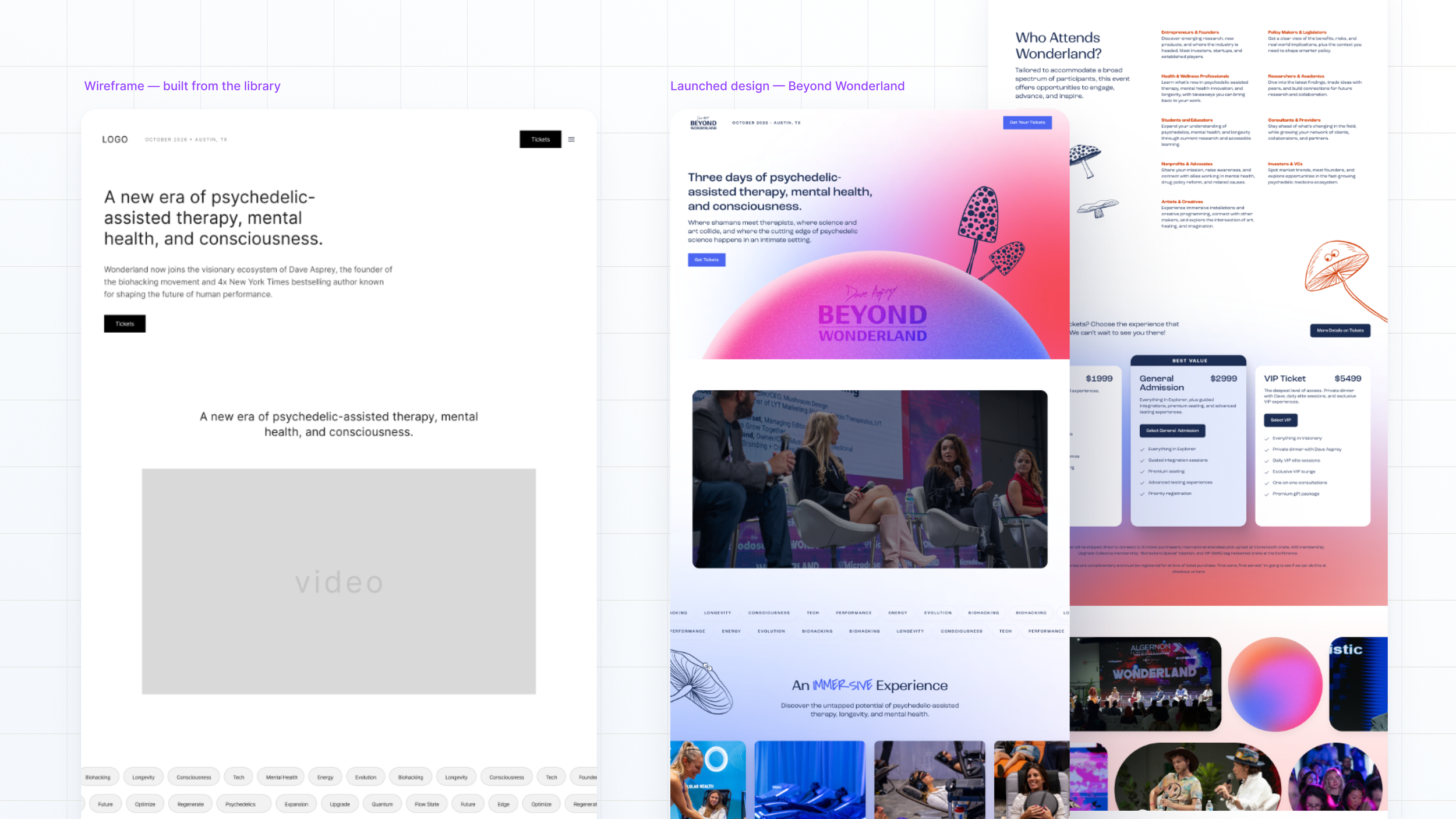 Gray wireframe homepage built from the library next to two launched Beyond Wonderland pages using the same structure with full branding
