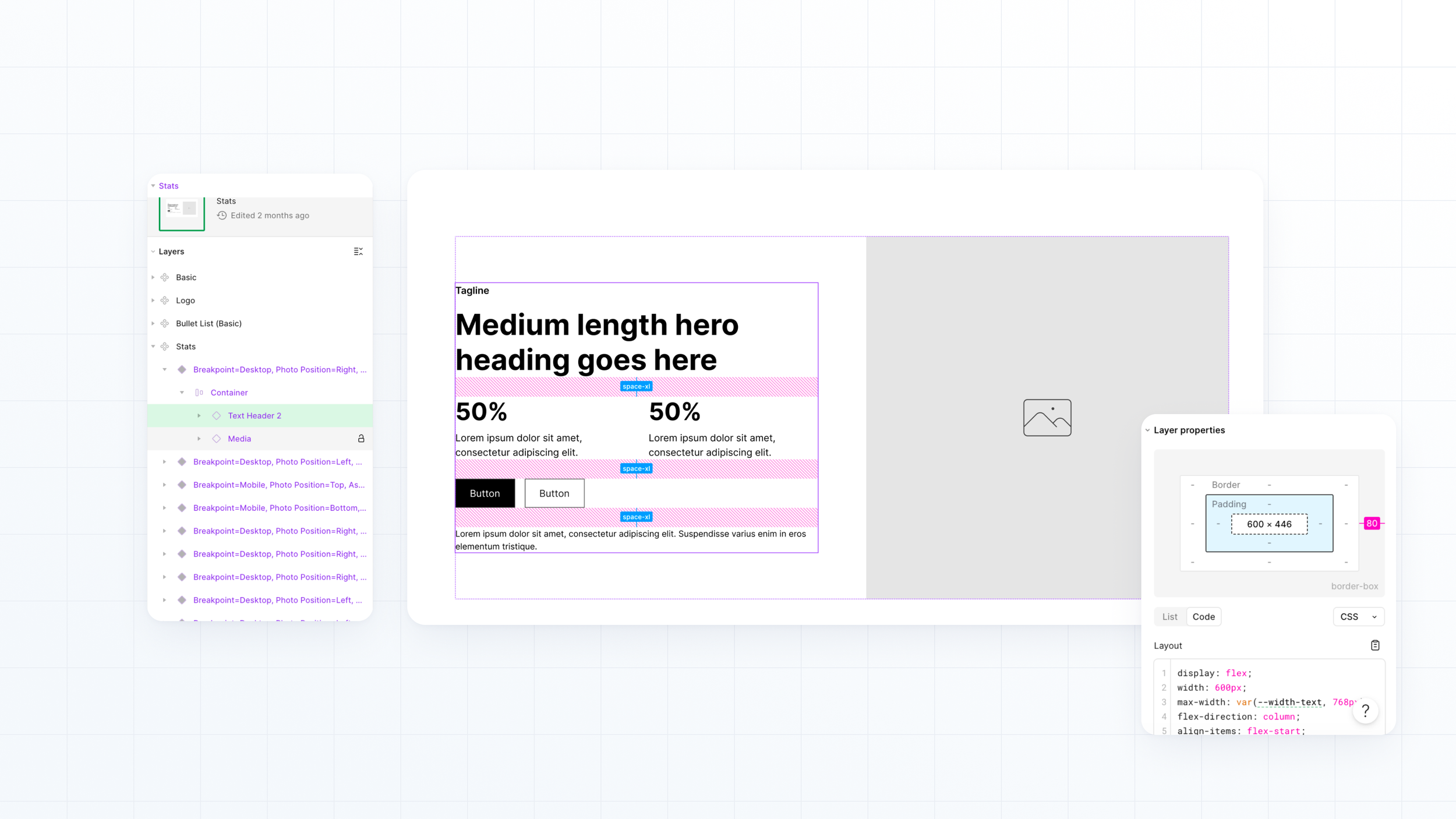 Wireframe section on the Figma canvas with spacing overlays, next to a code panel showing the layout built on CSS variables