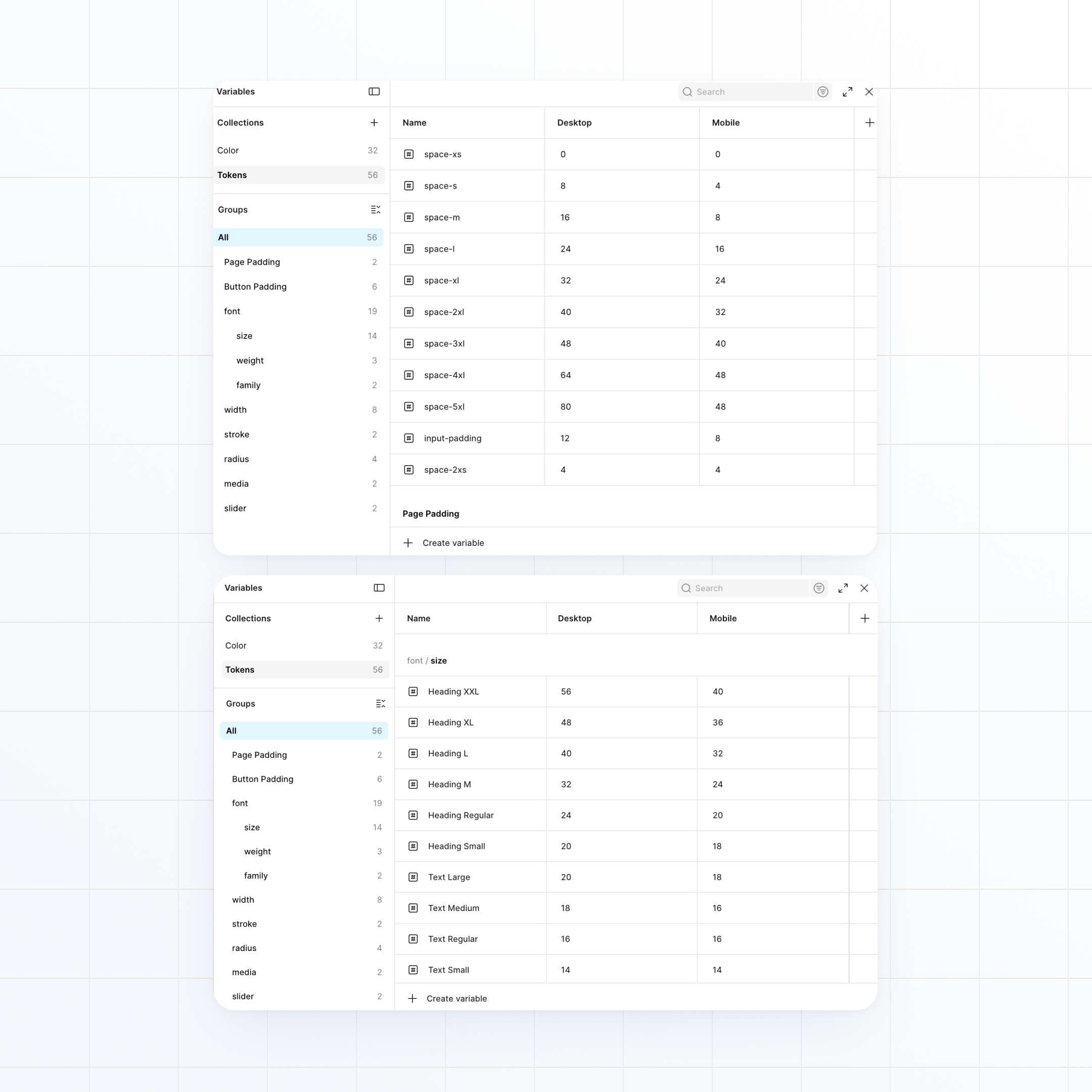 Figma variables panel showing spacing tokens with paired desktop and mobile values, overlapped by the type size token table