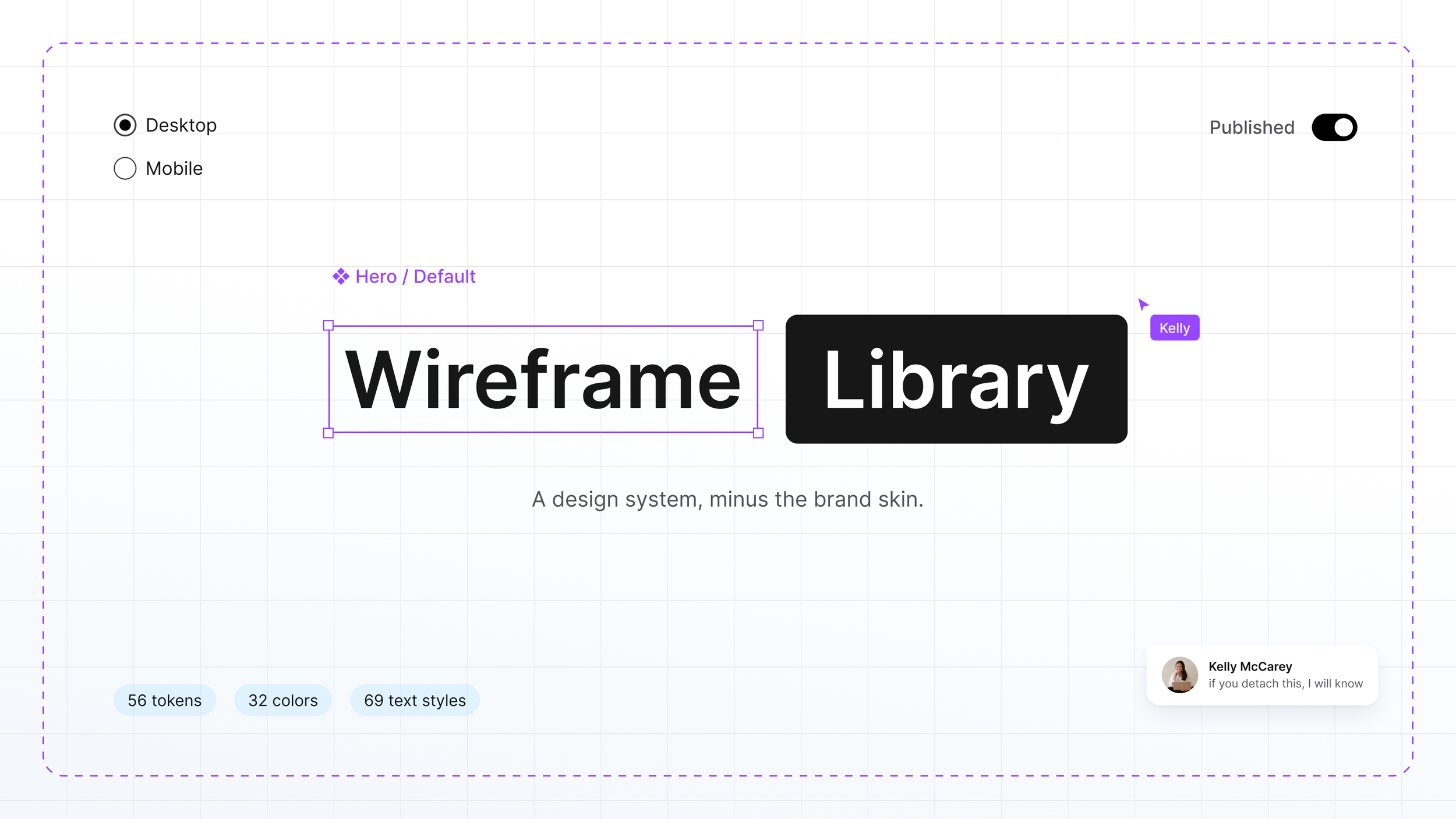 Wireframe Library title styled as Figma components, with a selection box, component label, and cursor on a light grid background