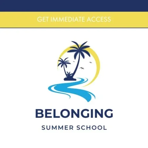 Beach scene with palm trees, a winding river, and birds, promoting summer school access.