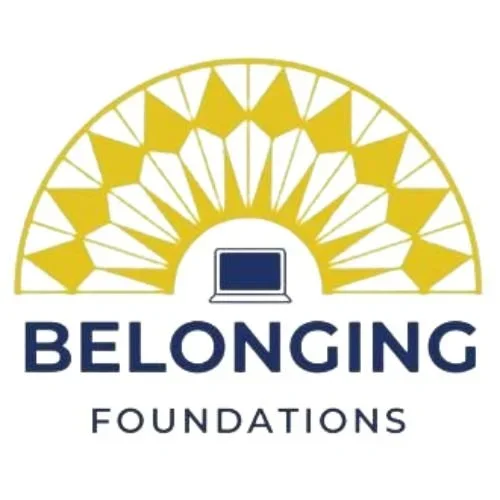 Logo of Belonging Foundations featuring a gold semi-circular design with a central laptop icon and the words 'BELONGING FOUNDATIONS' in dark blue text.