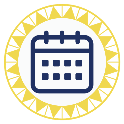 Icon of a calendar inside a circular decorative border.