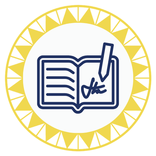 Icon of an open book with a pen signing it, surrounded by a decorative yellow border.