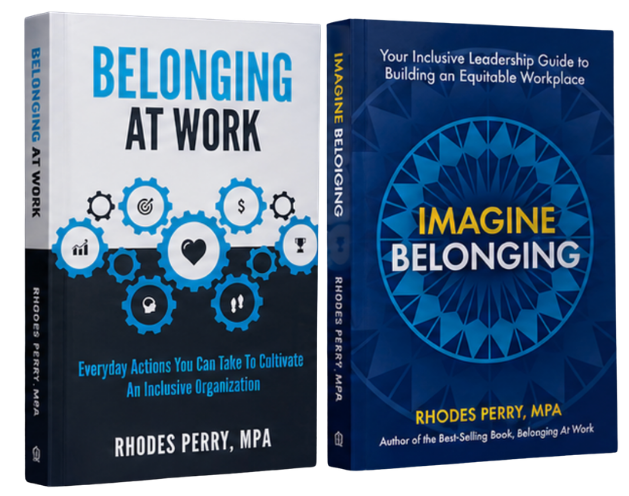 Two books standing upright, one titled 'Belonging at Work' with a white and blue cover featuring gear icons and symbols, and the other titled 'Imagine Belonging' with a blue cover and a circular geometric pattern, authored by Rhodes Perry, MPA.