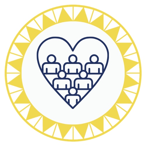 A heart outline containing six simplified human figures, surrounded by a yellow circular border with a decorative pattern.