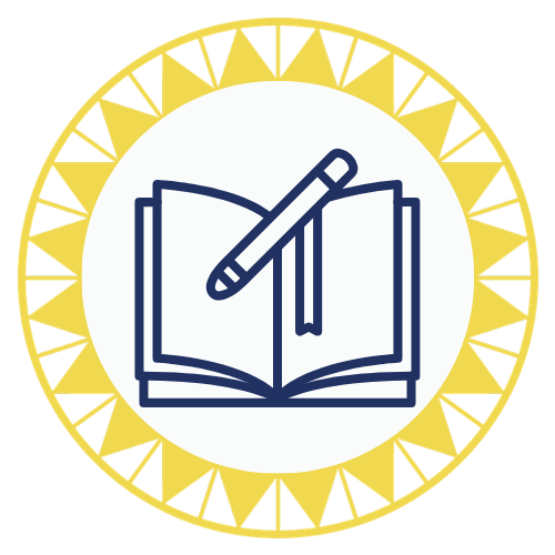 Icon of an open book with a pencil on top, surrounded by a yellow circular border with triangle patterns.
