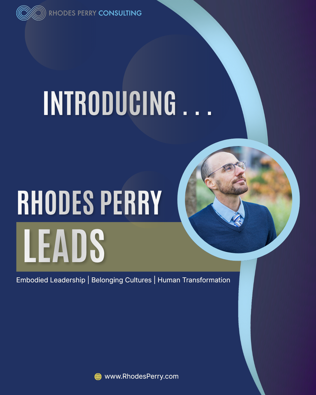 Book cover titled "Introducing Rhodes Perry" with a subtitle "Rhodes Perry Leads" and the topics Embodied Leadership, Belonging Cultures, and Human Transformation. A man wearing glasses, a blue sweater, and a tie is shown in a circular cutout on the right side of the cover. The background features dark blue and light blue colors with a modern design.