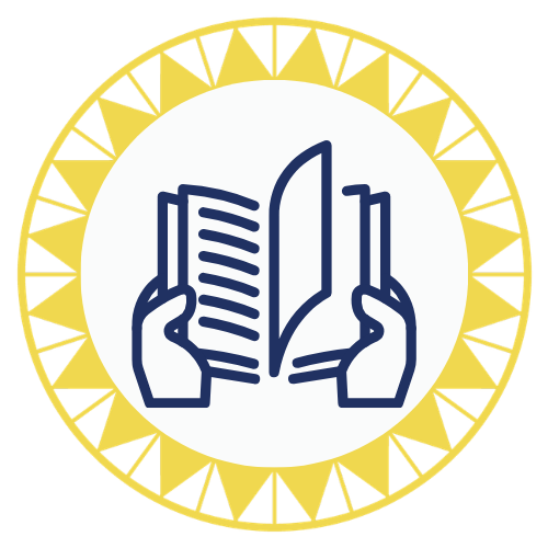 Icon of two hands holding an open book, surrounded by a yellow circular border with a black triangular pattern.