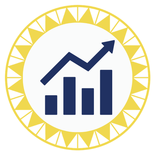 A circular logo featuring a bar chart with four bars of increasing height and an upward trending arrow, surrounded by a gold decorative border.