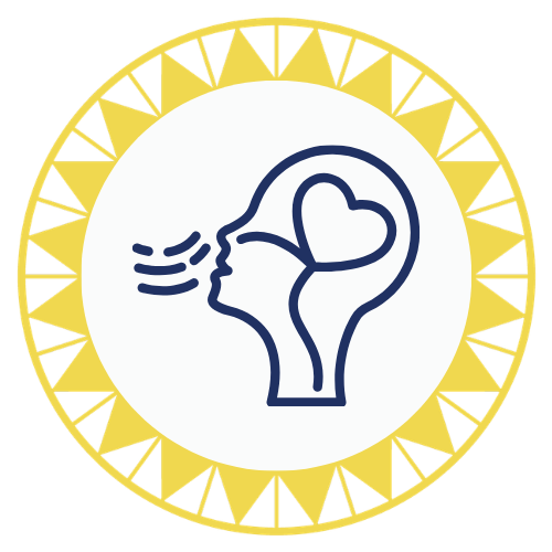 Line drawing of a human head in profile with a heart shape inside, with lines indicating speech or breathing, surrounded by a yellow circular border.